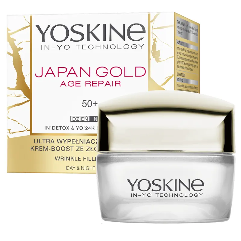 Yoskine Japan Gold krem do twarzy na dzień i noc 50+ z 24k złotem, peptydem i ekstraktem z mirtu 50 ml