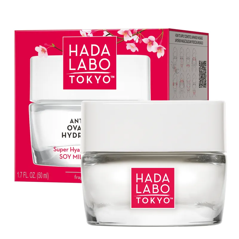 Hada Labo Tokyo Red przeciwzmarszczkowy hydro-krem V-lifting owalu twarzy na dzień i noc z 3 formami kwasu hialuronowego, fermentem sojowym i żeń-szeniem 50 ml