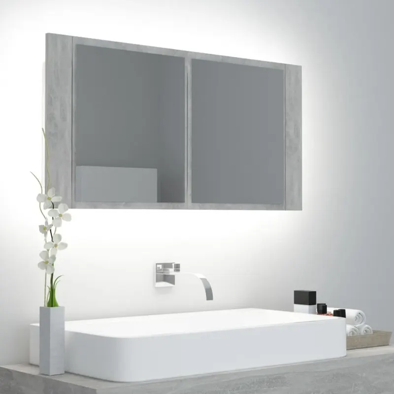 Szafka łazienkowa z lustrem i led, szarość betonu, 90x12x45 cm