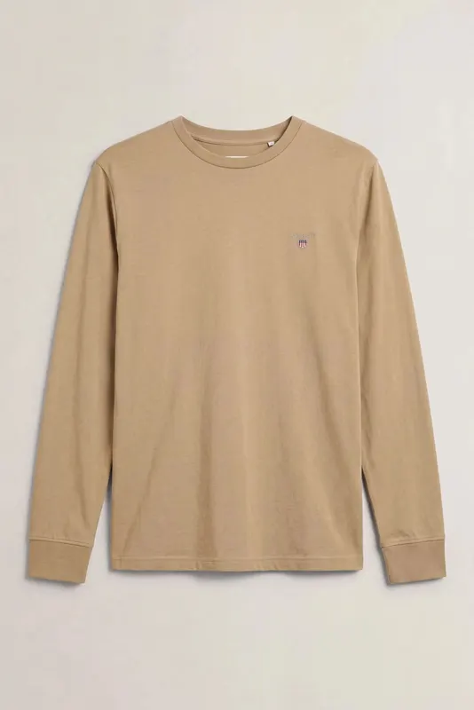 Gant T-Shirt Z Długim Rękawem Męski Slim Fit Beżowy