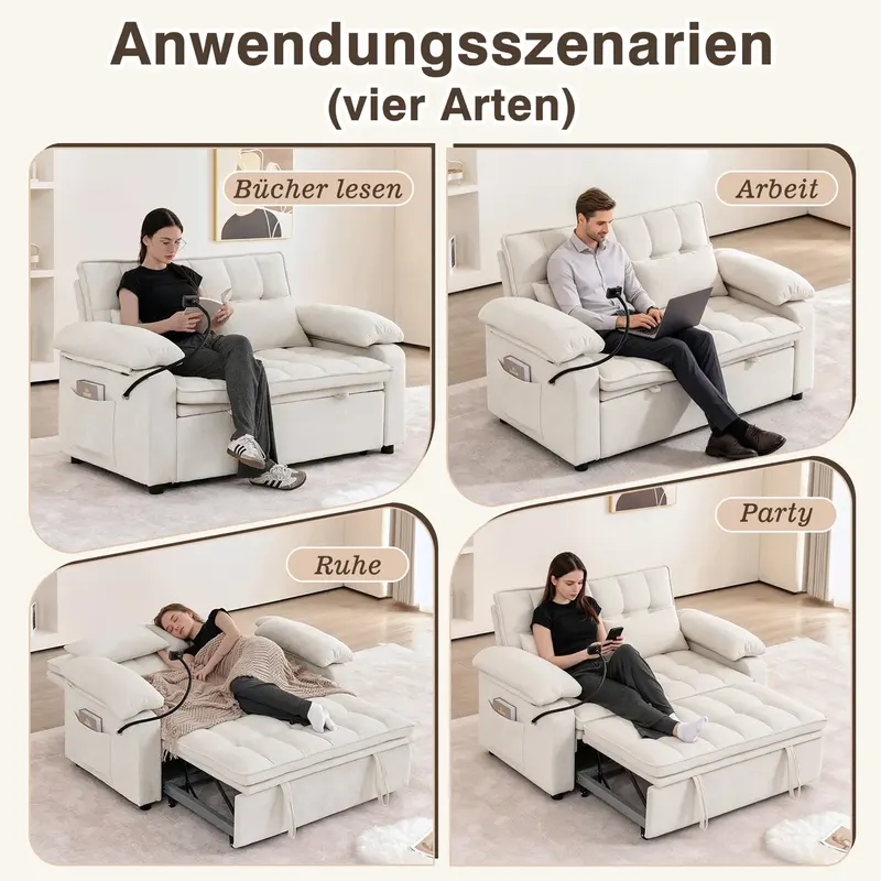 Sofa 3 w 1 o szerokości 142 cm z funkcją leżenia, wyposażona w poduszki siedziska i oparcia miękkie jak chmury, dwie poduszki lędźwiowe, półkę i uch..