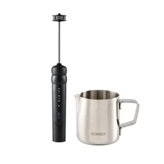 Zestaw: spieniacz do mleka CHiATO nanoPLAY oraz dzbanek na mleko SORSO Barista (350 ml) – czarny