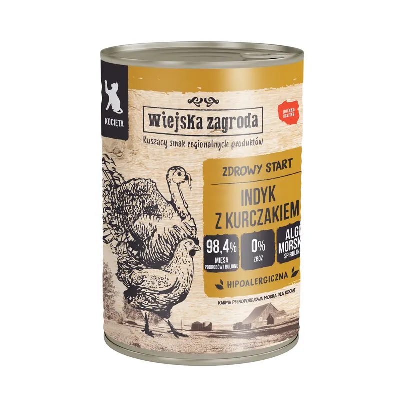WIEJSKA ZAGRODA Kocięta Indyk z kurczakiem - mokra karma dla kota - 400g