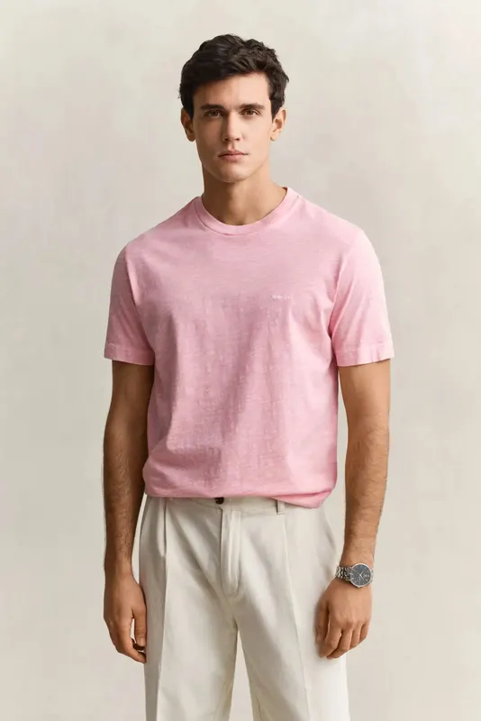 Gant Bawełniany T-Shirt Męski Z Okrągłym Kołnierzykiem Regular Fit Różowy