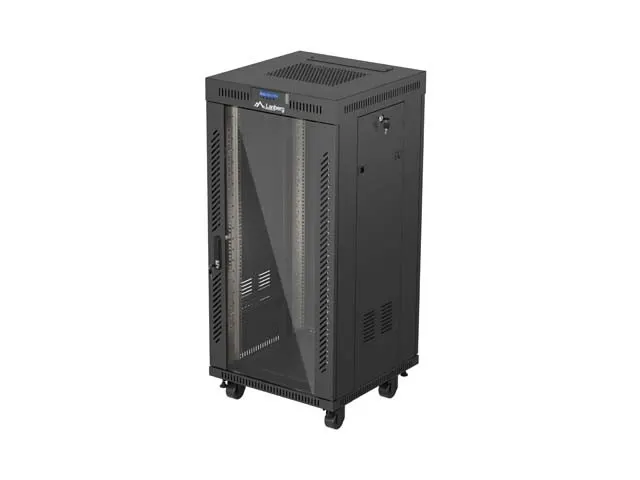 Lanberg Szafa instalacyjna rack stojąca 19" 24U 600x600 czarna drzwi przeszklone LCD ( Flat pack)V2