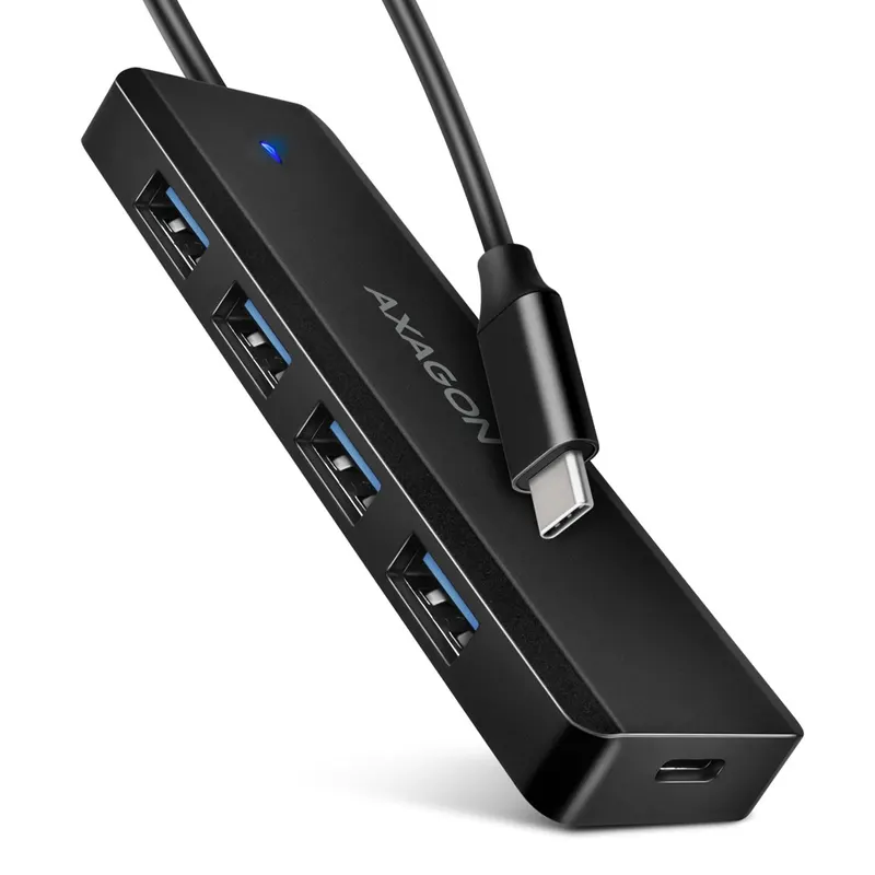 AXAGON HUE-C1C Hub USB-C TRAVEL 4-portowy, 5Gbps, 4x USB-A, opcjonalne zasilanie USB-C, kabel 19 cm