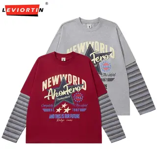 Retro Patchwork Color Blocking Tshirts Streetwear Casual Loose Print Fake Two-piece Round Neck Long Sleeve T-shirt For Men Women