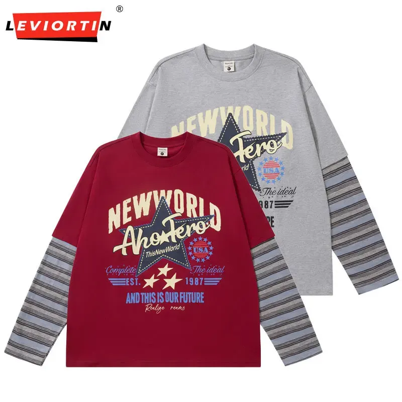 Retro Patchwork Color Blocking Tshirts Streetwear Casual Loose Print Fake Two-piece Round Neck Long Sleeve T-shirt For Men Women