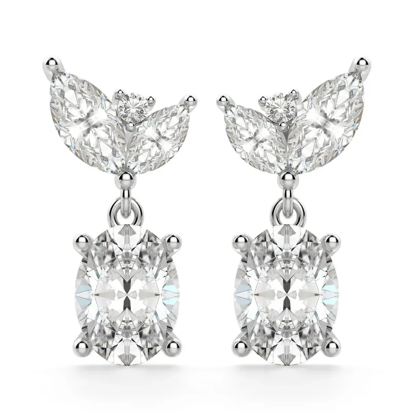 Camellia Owalne Kolczyki Wiszące 14K Białe Złoto Laboratoryjny Diament
