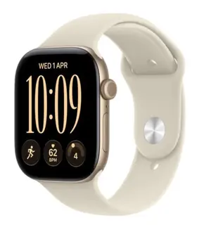 Apple Watch seria 12 GPS, koperta 42 mm z aluminium w kolorze jasnego złota, pasek sportowy w kolorze piasku - rozmiar M/L