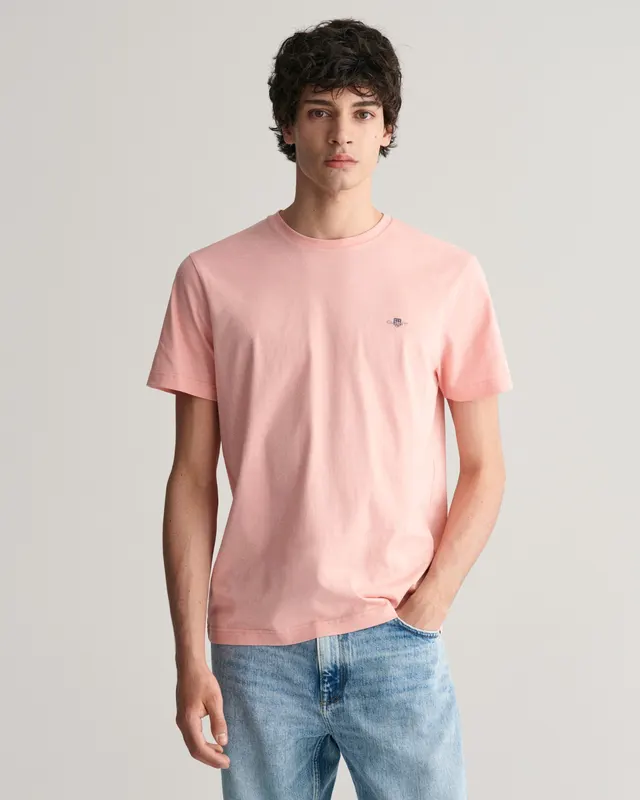 Gant Bawełniany T-Shirt Męski Z Okrągłym Dekoltem Regular Fit Różowy