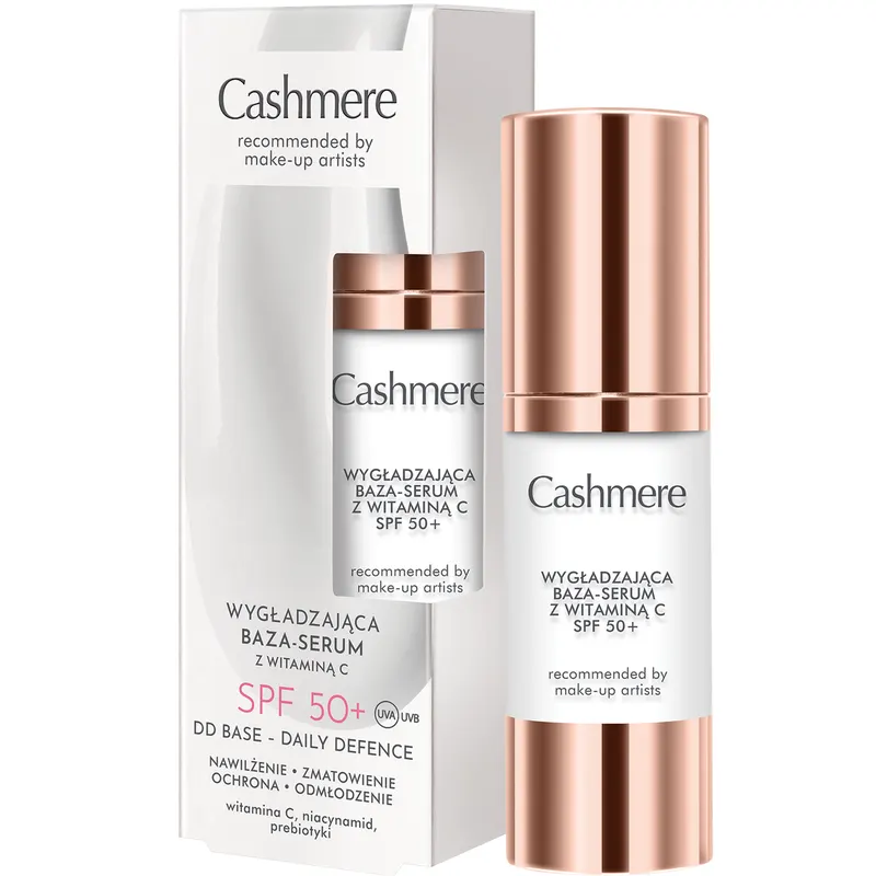 Cashmere DD wygładzająca baza-serum SPF 50+ z witaminą C, niacynamidem i prebiotykami, transparentne krycie i matowe wykończenie 30 ml