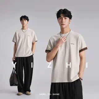 Fashion Men's 230GSM Heavyweight Letter Embroidered Tee Color Block 3D Loose Breathable Short Sleeve