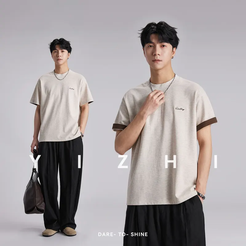 Fashion Men's 230GSM Heavyweight Letter Embroidered Tee Color Block 3D Loose Breathable Short Sleeve
