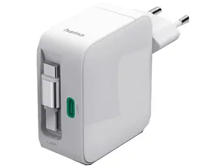 Ładowarka sieciowa HAMA 30W GaN 2x USB-C zwijany kabel Biały
