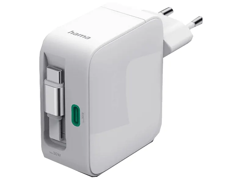 Ładowarka sieciowa HAMA 30W GaN 2x USB-C zwijany kabel Biały