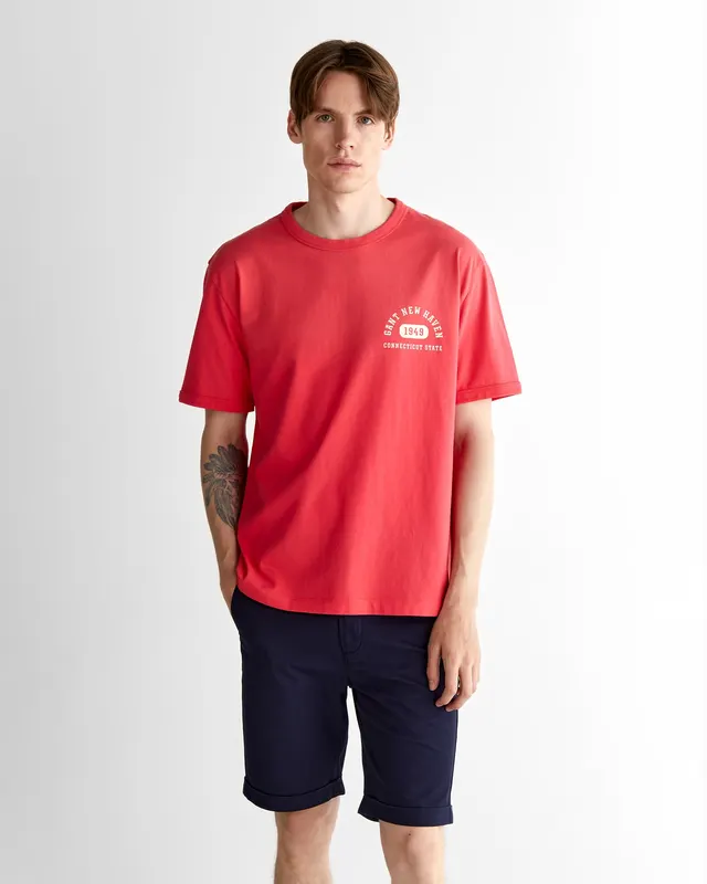 Gant T-Shirt Męski Z Nadrukiem Okrągły Kołnierzyk Relaxed Fit Czerwony