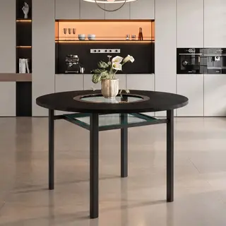 Nowoczesny, minimalistyczny okrągły stół jadalny o średnicy 100 cm, blat z czarnym usłojeniem drewna, dla 2–4 osób (z szarą wstawką szklaną i metalo..