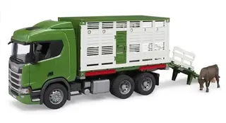 Bruder 03548 Scania Super 560R ciężarówka zielona kontener z figurką krowy