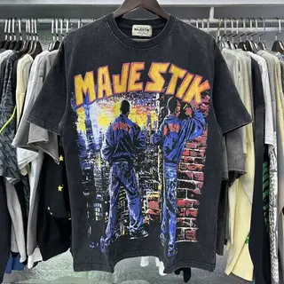 MAJESTIK Urban street brand hip-hop print washed and distressed cross-border trendy men and women loose short-sleeved T-shirt