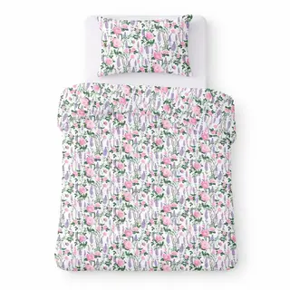 Pościel bawełniana 140x200 biała w róże i lawendę romantyczny - COTTON HOME
