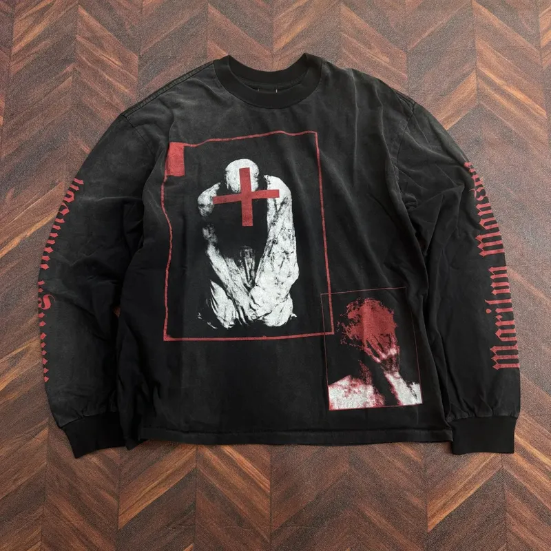 26SS SMX6 Old Carbon Ash Streetwear Vintage Long Sleeves Tee Manson Joint Name Casual Oversize Tops T Shirt for Men Unisex