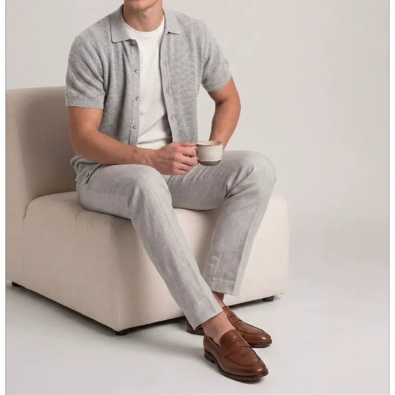 Men's Summer Casual Style Knitted Short-sleeved T-shirt Skin-friendly Breathable Cardigan Top Men's Knitted Short-sleeved