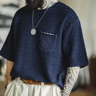 Maden Retro Knitted Jacquard Navy Blue T-shirt with Wavy Texture Loose Short-sleeved Round Neck Tee for Men's Summer Tops