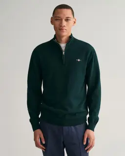 Gant Wełniany Sweter Męski Z Zamkiem Do Połowy Regular Fit Zielony