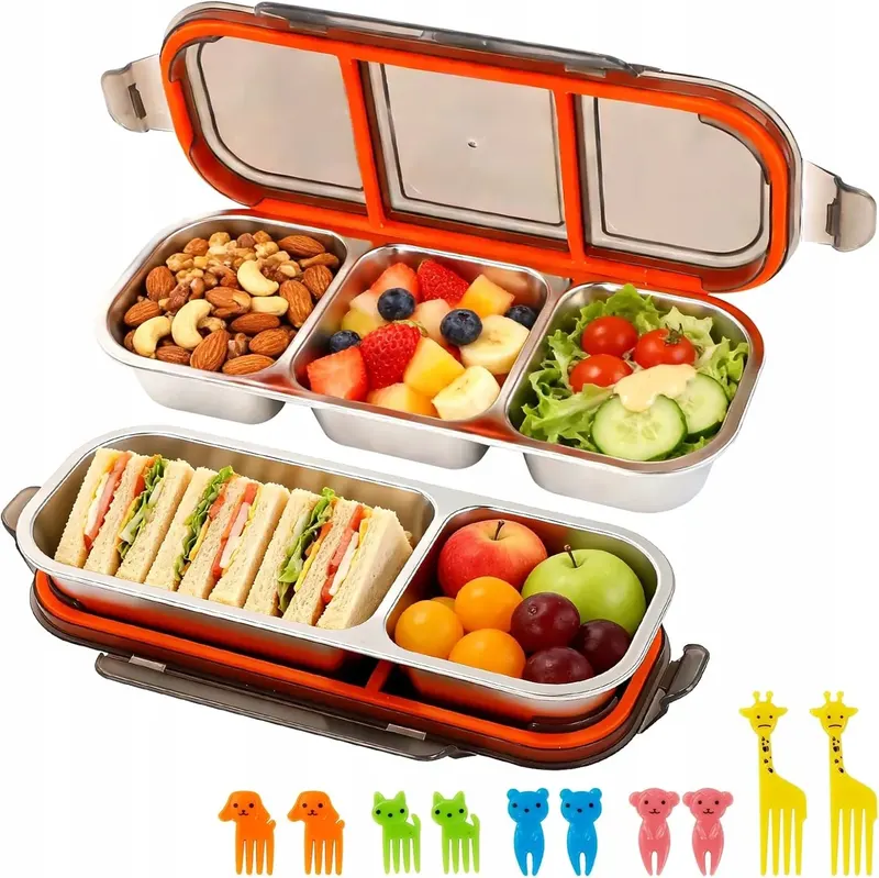PUDEŁKA BENTO STALOWE 2SZT + 10 WIDELCÓW DO OWOCÓW ZESTAW LUNCHBOX