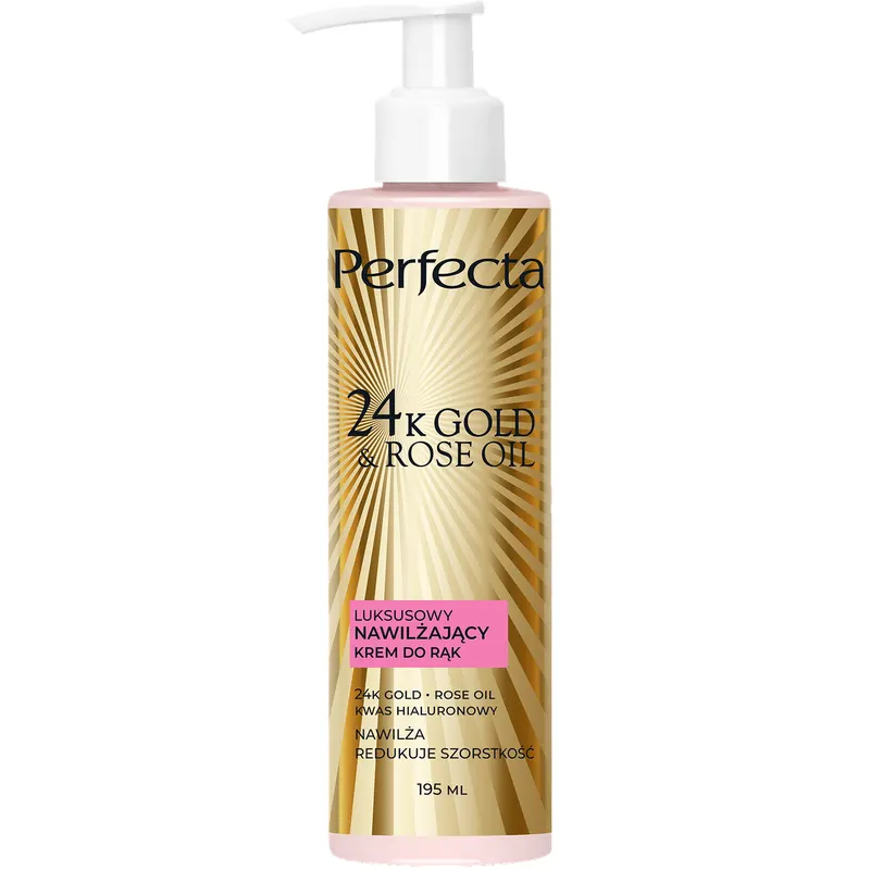Perfecta 24K Gold&Rose Oil luksusowy nawilżający krem do rąk, paznokci i skórek z 24K Gold, Rose Oil, kwasem hialuronowym i D-pantenolem 195 ml
