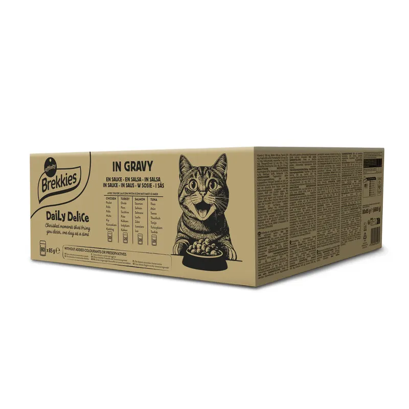 60 + 20 gratis! Brekkies Daily Delice Adult Cat, 80 x 85 g - Pakiet mieszany w sosie (4 smaki)