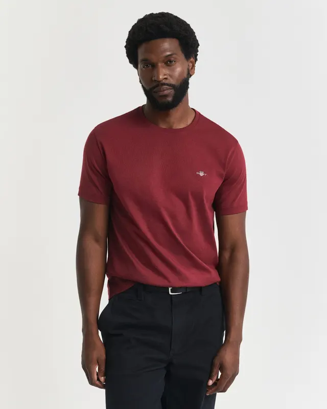 Gant Bawełniany T-Shirt Męski Okrągły Dekolt Regular Fit Bordowy