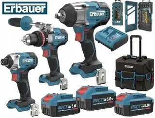 ERBAUER G2, ZESTAW 9w1, KLUCZ UDAROWY, WKRĘTARKA WIERTARKA, ZAKRĘTARKA, 3x BATERIA 5Ah, TORBA, KOMPLET UDAROWY