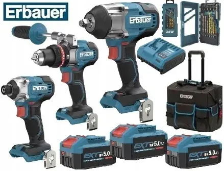 ERBAUER G2, ZESTAW 9w1, KLUCZ UDAROWY, WKRĘTARKA WIERTARKA, ZAKRĘTARKA, 3x BATERIA 5Ah, TORBA, KOMPLET UDAROWY
