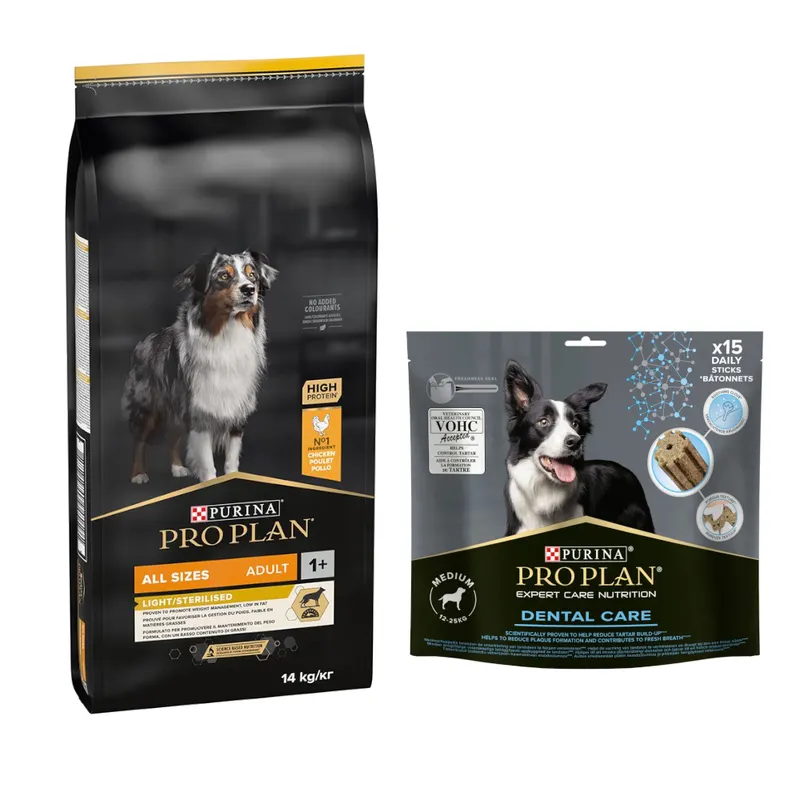 PURINA PRO PLAN: karma sucha dla psa, 12 kg / 14 kg + przysmaki dla psa gratis! - All Sizes Adult Light/Sterilised, kurczak i ryż, 14 kg + Dental Care Medium Dog, 345 g