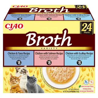 INABA Ciao Broth Bulion z kurczakiem, łososiem, tuńczykiem i przegrzebkami Box - przysmak dla kota - 24x40g