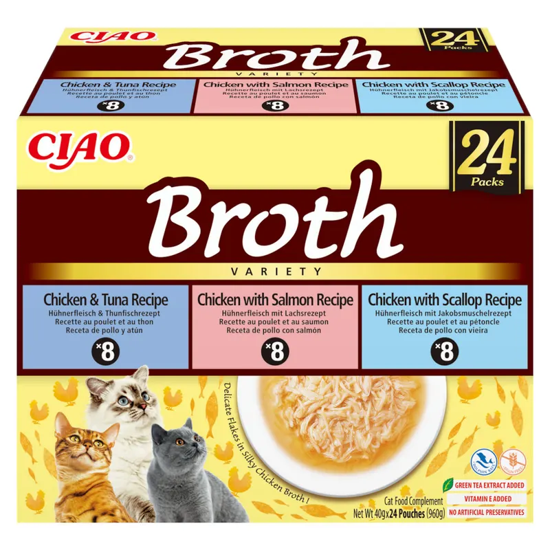 INABA Ciao Broth Bulion z kurczakiem, łososiem, tuńczykiem i przegrzebkami Box - przysmak dla kota - 24x40g