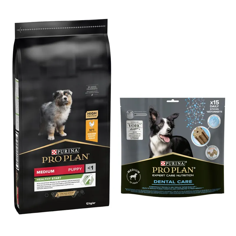 PURINA PRO PLAN: karma sucha dla psa, 12 kg / 14 kg + przysmaki dla psa gratis! - Medium Puppy Healthy Start, kurczak i ryż, 12 kg + Dental Care Medium Dog, 345 g