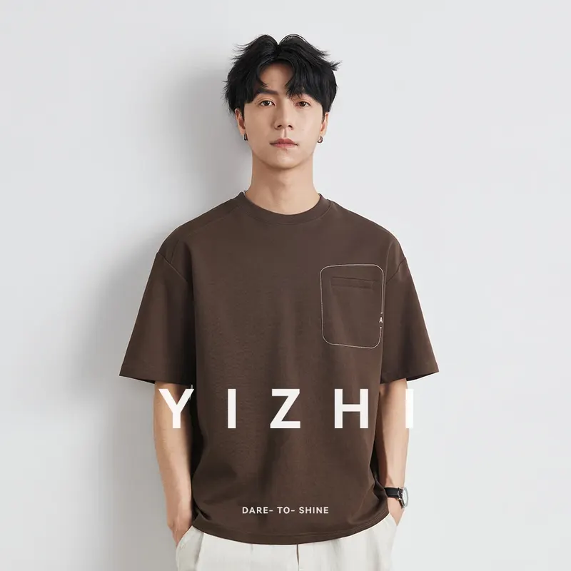 2025 Summer New Men's Fashion Round Neck T-shirt Letter Pocket Solid Color Cotton Short Sleeve Outdoor Commuter Half Sleeve Top