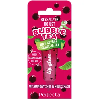 Perfecta Bubble Tea Wild Cherry + Camellia Tea błyszczyk do ust z masłem shea, olejem rycynowym, olejem migdałowym, ekstraktem z herbaty Camellia sinensis i witaminami C, E, F 10 g