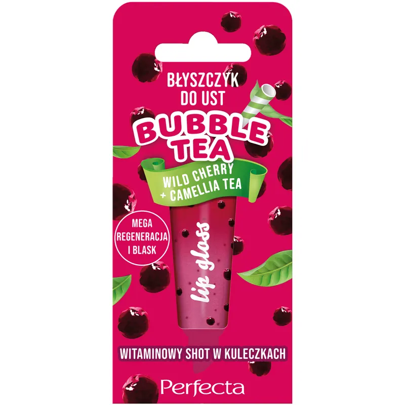 Perfecta Bubble Tea Wild Cherry + Camellia Tea błyszczyk do ust z masłem shea, olejem rycynowym, olejem migdałowym, ekstraktem z herbaty Camellia sinensis i witaminami C, E, F 10 g