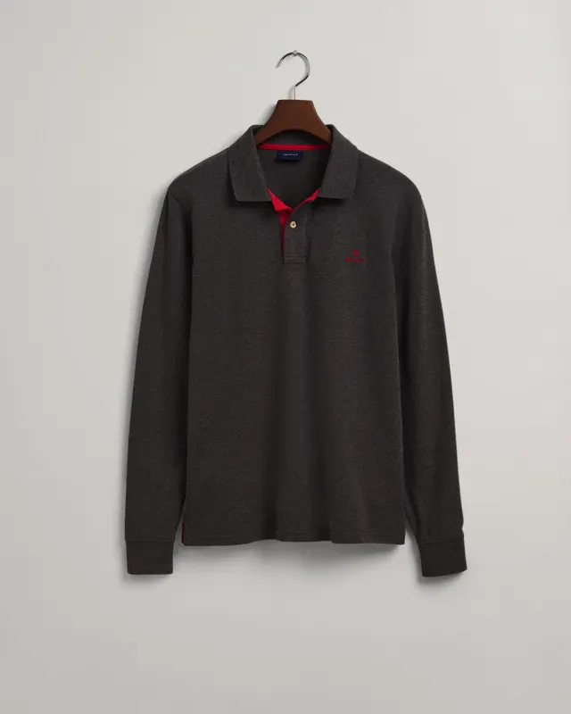 Gant Polo Męski Z Długim Rękawem Regular Fit Szary