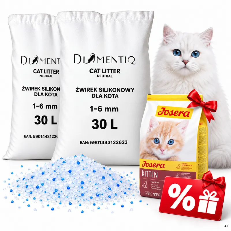 DIAMENTIQ Żwirek Neutralny, Silikonowy, Niezbrylający się dla kota - 2x30 l + GRATIS! JOSERA Minette Kitten + Voucher rabatowy