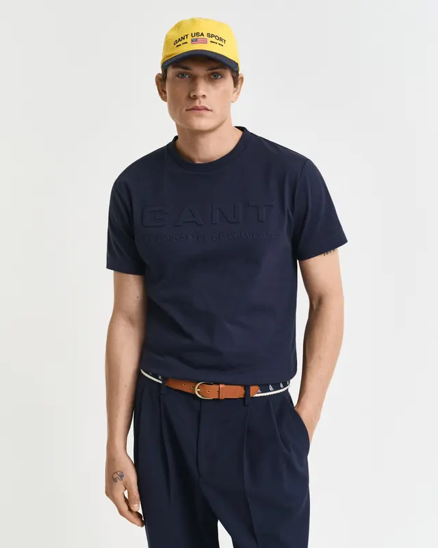 Gant T-Shirt Męski Z Nadrukiem Z Okrągłym Kołnierzykiem Regular Fit Granatowy