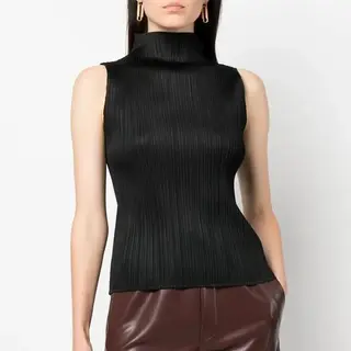 ISSEY Basic Classic Style Ruffled High-neck Solid Color Slim-Fitting Sleeveless Turtleneck Top Shirt