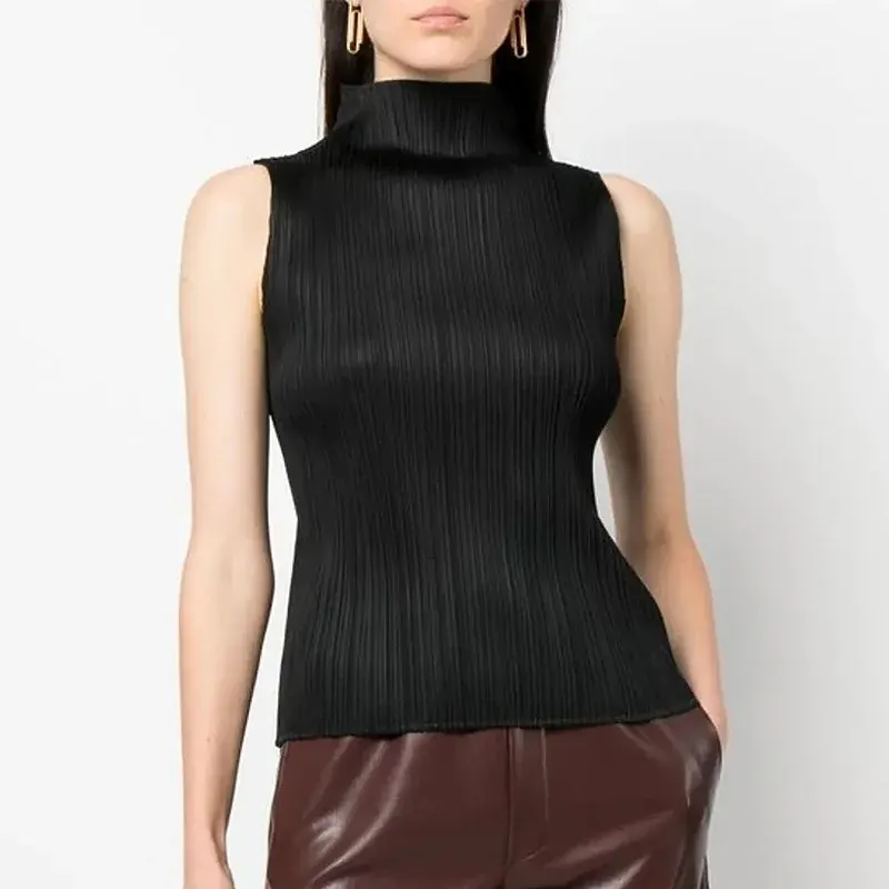 ISSEY Basic Classic Style Ruffled High-neck Solid Color Slim-Fitting Sleeveless Turtleneck Top Shirt