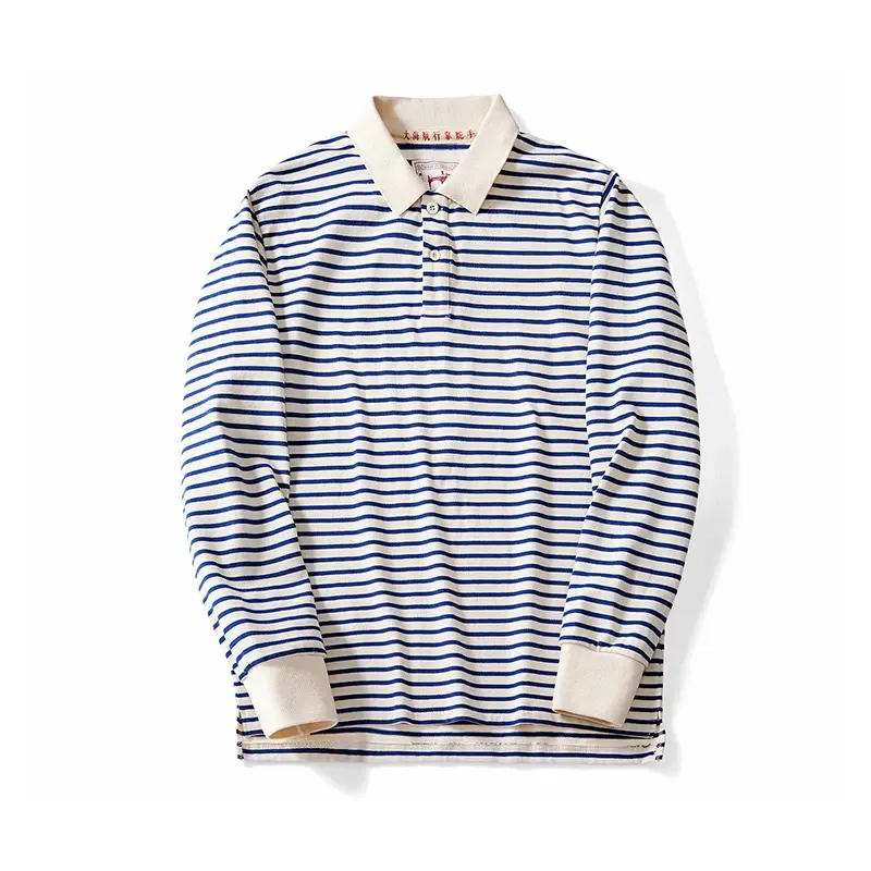 Autumn New Long Sleeve Polo Shirt Men Japanese Retro Loose Combed Cotton Striped Shirts Casual Streetwear Lapel Tops Oversize