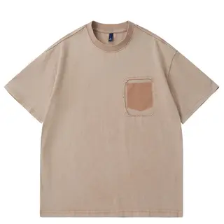2026 New 290G Washed Summer Japanese Retro Amikaji Pocket Patchwork Men's and Women's Loose Work Clothes Short Sleeved T-shirt