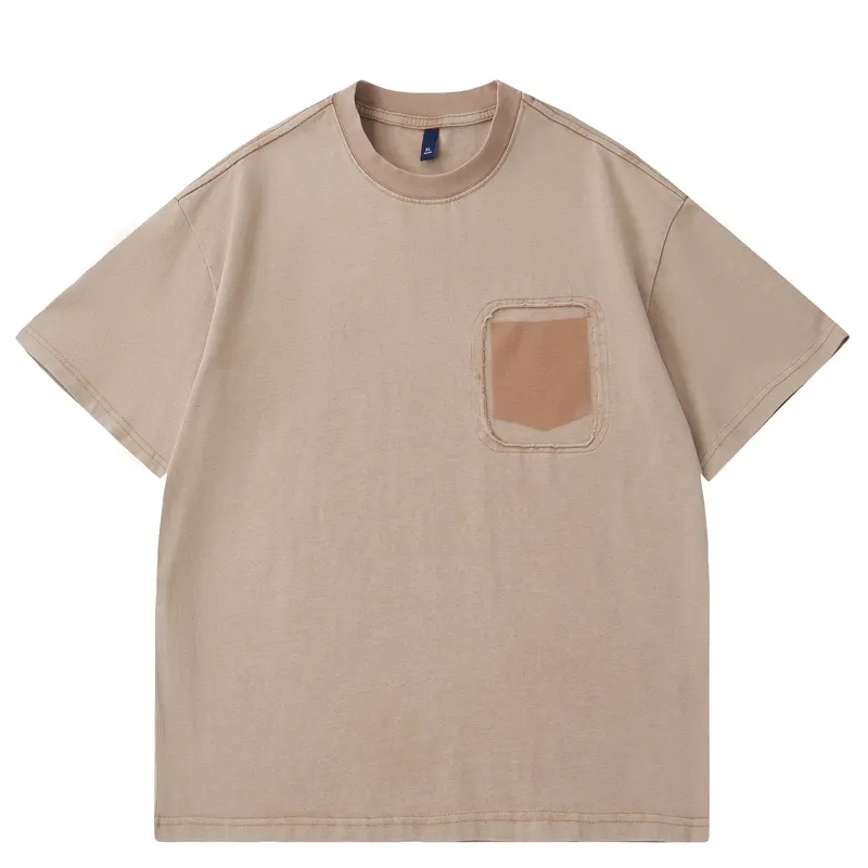 2026 New 290G Washed Summer Japanese Retro Amikaji Pocket Patchwork Men's and Women's Loose Work Clothes Short Sleeved T-shirt
